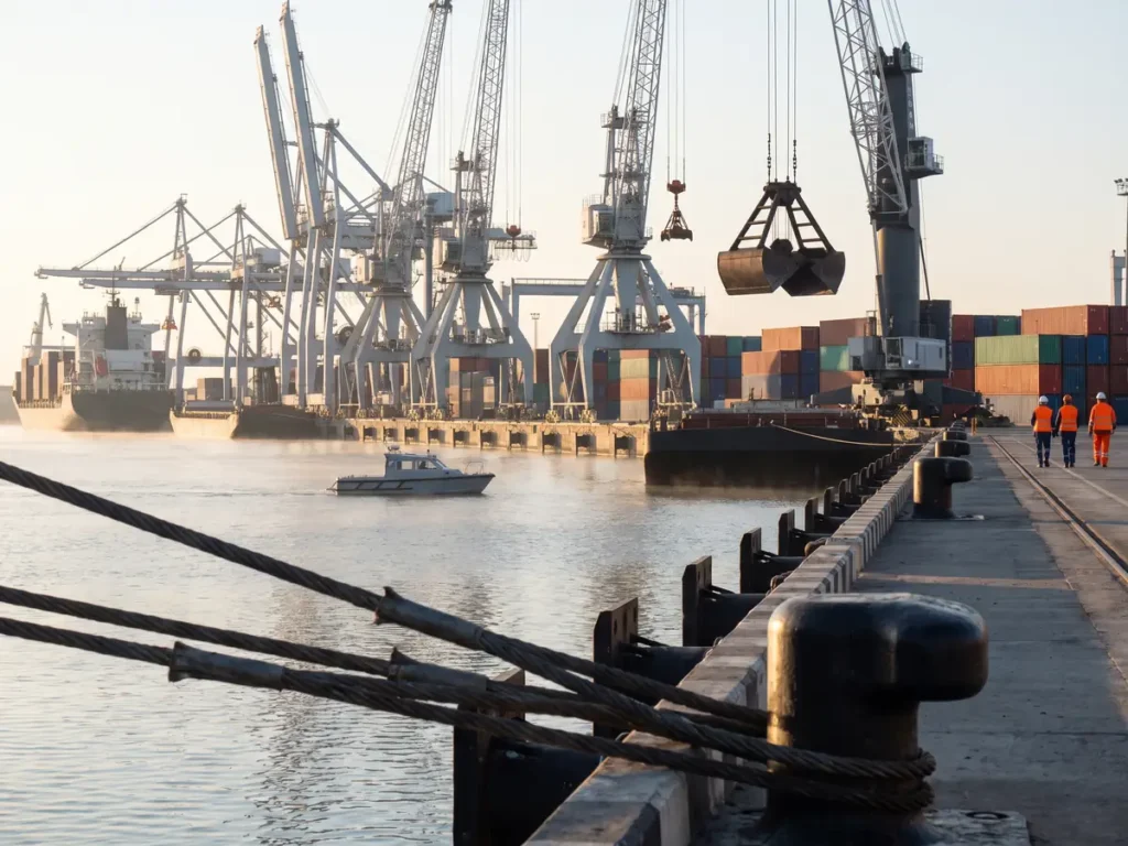 Macarale portuare și nave acostate la danele unui port comercial administrat de stat