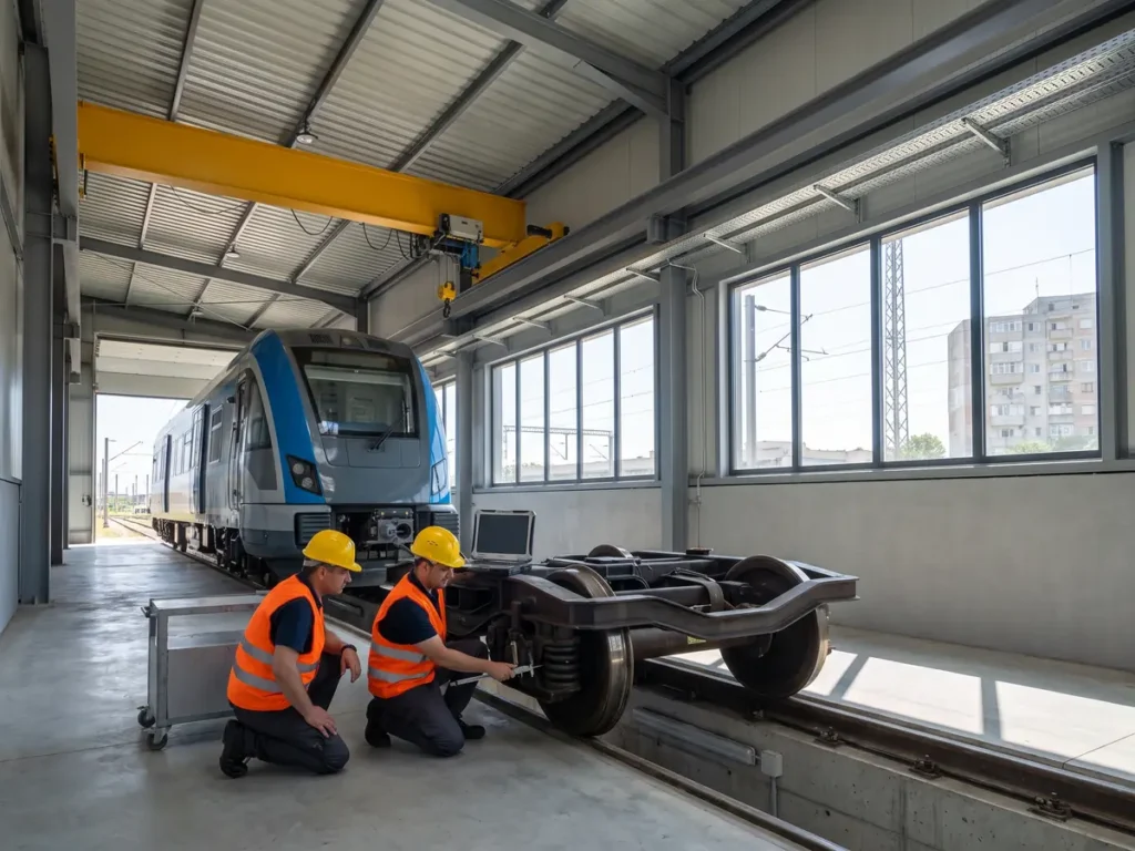 Doi inspectori în veste reflectorizante verifică cu instrumente de măsură osia unui boghiu de tren, într-o hală de încercări și certificare feroviară