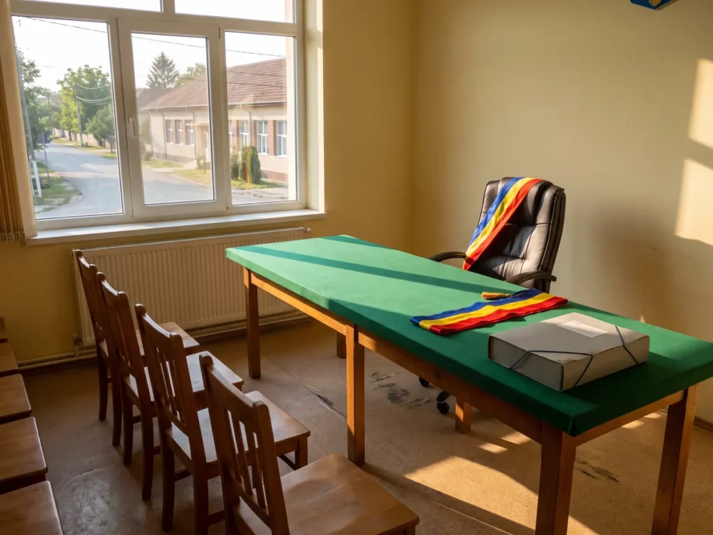 Sală de consiliu dintr-o primărie mică, cu masă acoperită cu postav verde și o eșarfă tricoloră pe scaunul primarului