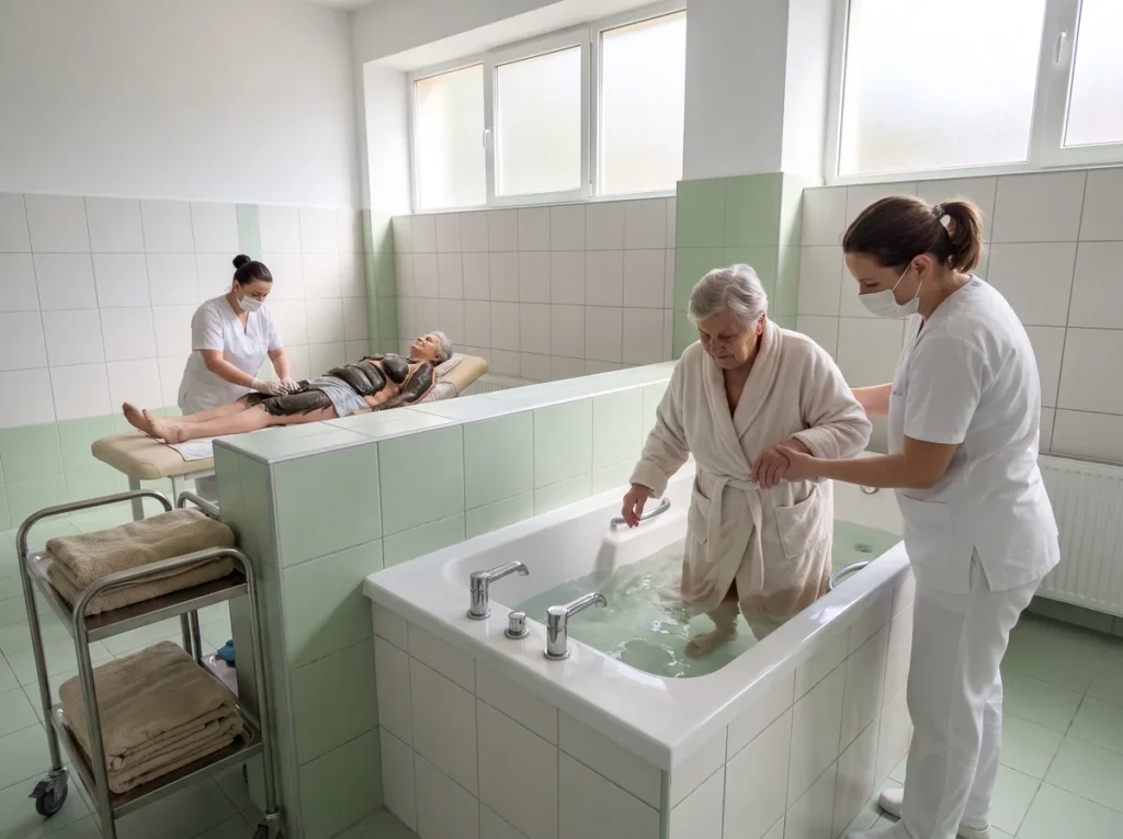 Bază de tratament balnear în funcțiune: o pacientă vârstnică este ajutată să iasă din cada cu apă minerală, iar în plan secund se aplică o procedură cu nămol