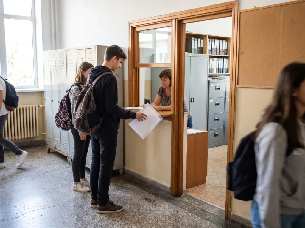 Elev care depune dosarul de bursă la secretariatul școlii, pe holul unui liceu