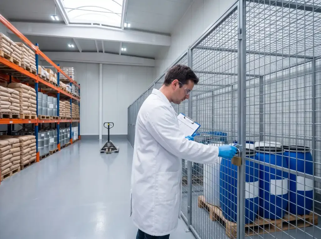 Butoaie cu substanțe chimice închise într-o cușcă metalică pe care un angajat o încuie cu lacăt, într-un depozit modern