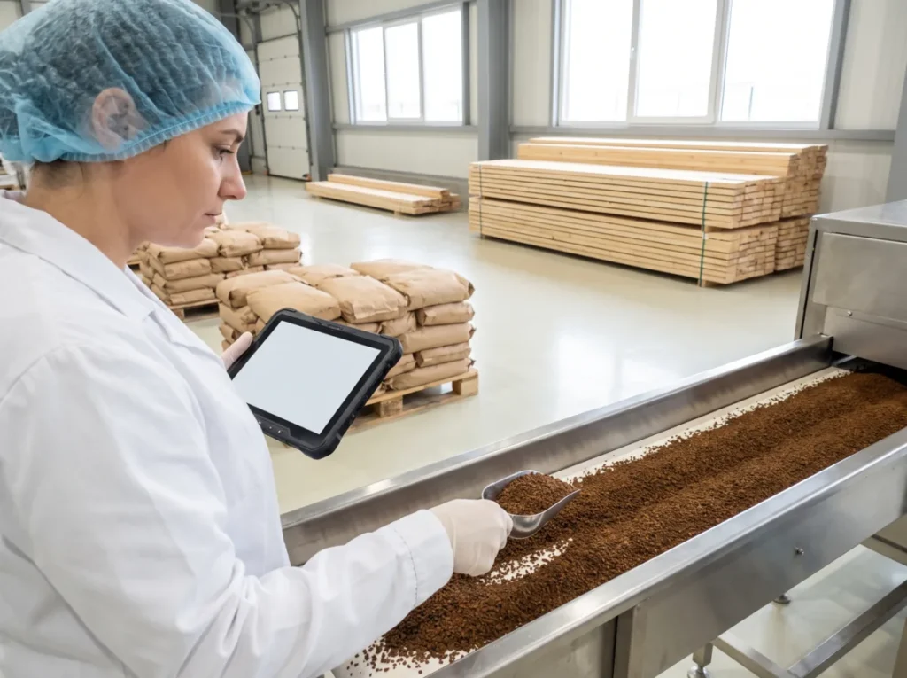 Cafea solubilă pe banda unei linii de producție, verificată de o angajată, cu stive de cherestea în fundul depozitului