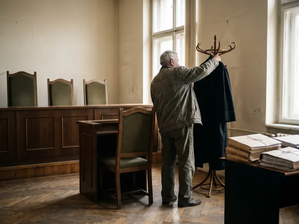 Magistrat pensionat care ia o robă de pe cuier, în fața unei bănci cu scaunele goale