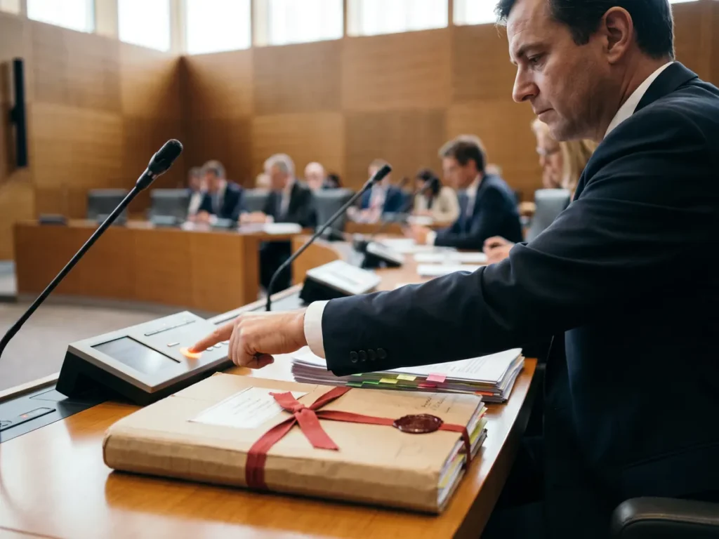 Om în costum apasă butonul de vot al unui pupitru din sala de plen, cu un dosar gros legat cu șnur roșu alături