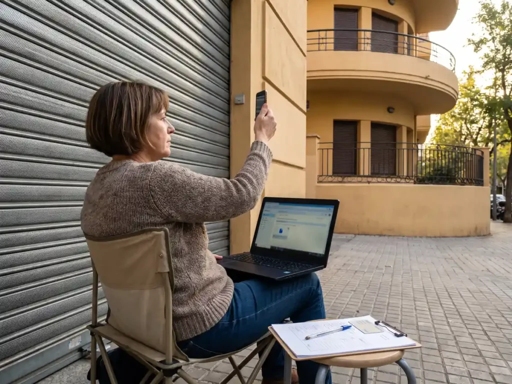 Femeie cu activitatea oprită stă în fața unei rulete trase și trimite o cerere de pe laptop, cu formularul pe hârtie alături