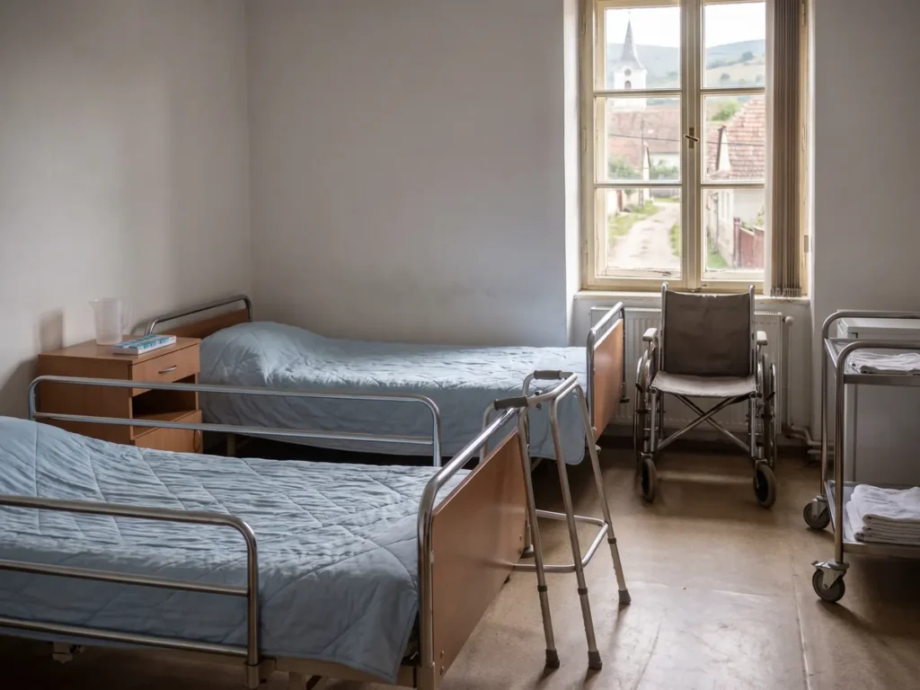 Cameră dintr-un centru rezidențial privat de îngrijire, cu două paturi de îngrijire, cadru de mers și scaun rulant, într-un sat din Transilvania