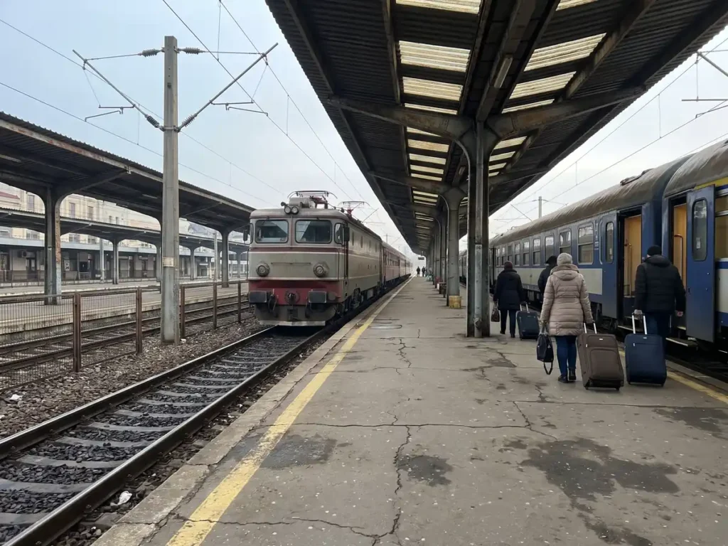 Tren de călători oprit la peron, sub copertina unei gări mari din România, cu pasageri care urcă în vagoane