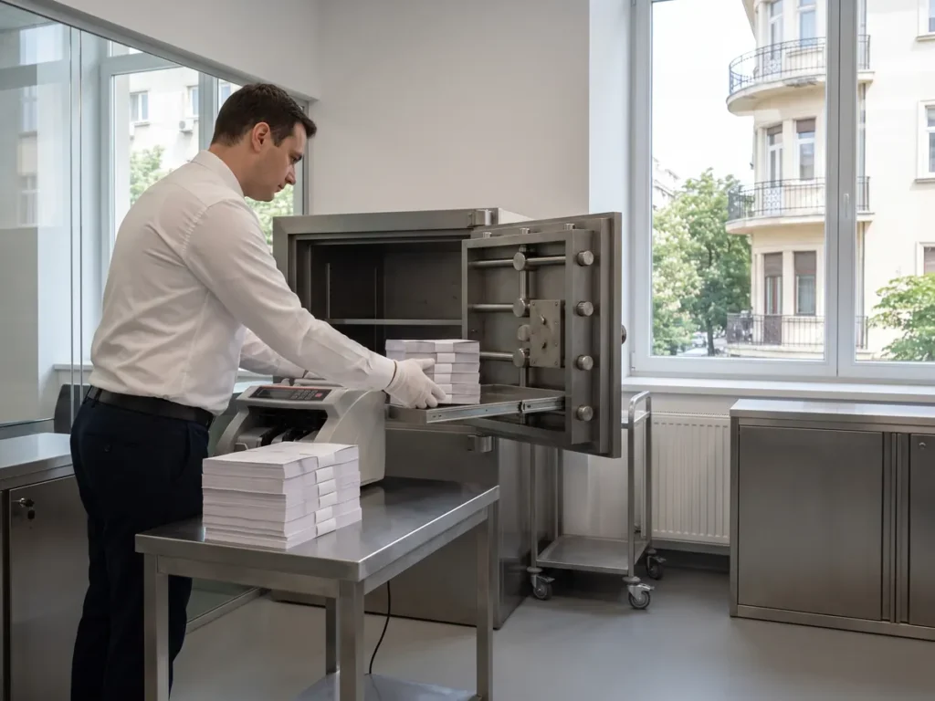 Casier de bancă pune deoparte, într-un sertar de seif, o parte din teancurile bandate de bancnote de pe masa de numărat