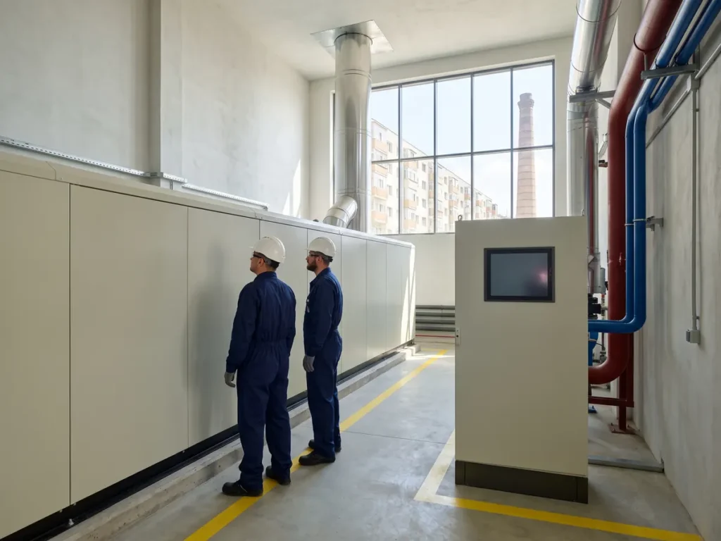 Doi tehnicieni lucreaza langa un grup nou de cogenerare in hala unei centrale de termoficare