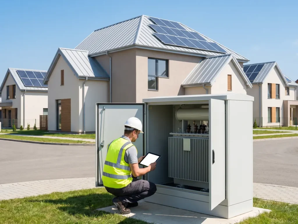 Tehnician al operatorului de distribuție citind date la un post de transformare de joasă tensiune, pe o stradă cu case care au panouri fotovoltaice pe acoperiș