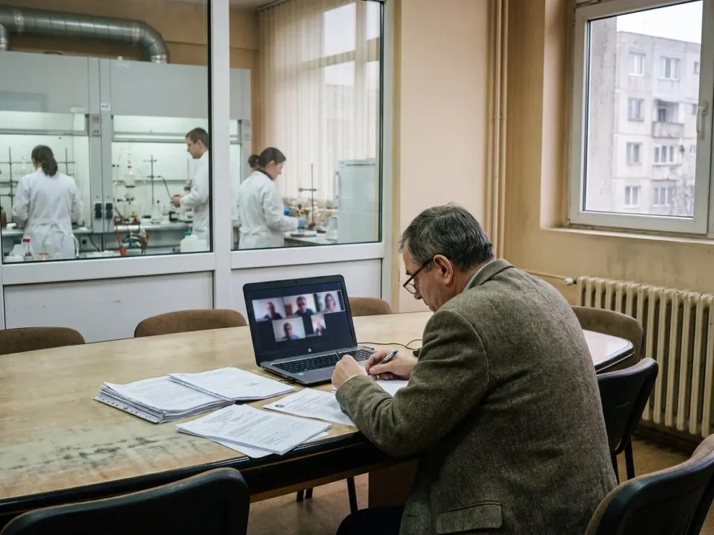Candidat la funcția de director general al unui institut național de cercetare susține proba online în fața comisiei de concurs