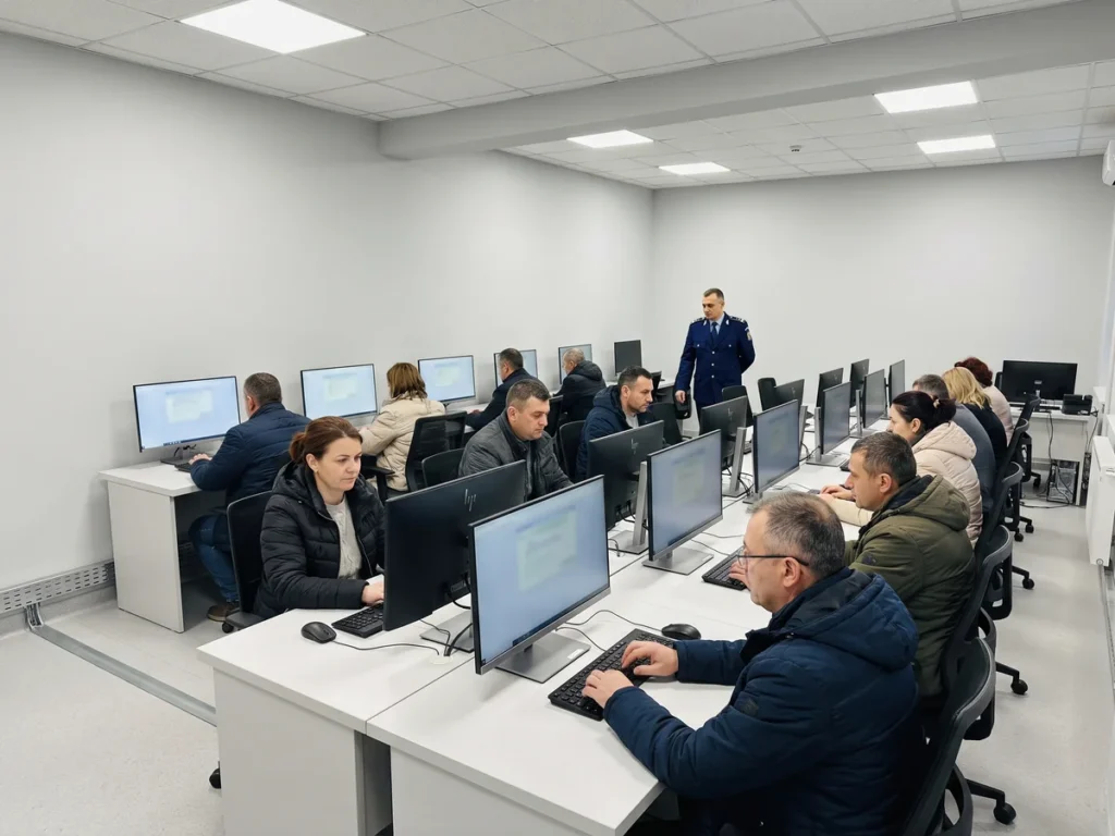 Sală de examen dintr-o instituție publică, cu candidați așezați la calculatoare și un supraveghetor în spatele sălii