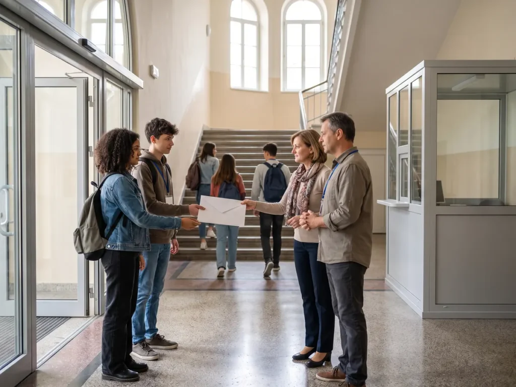 Doi elevi de liceu predau un plic unui profesor de serviciu in holul de intrare al unei scoli renovate