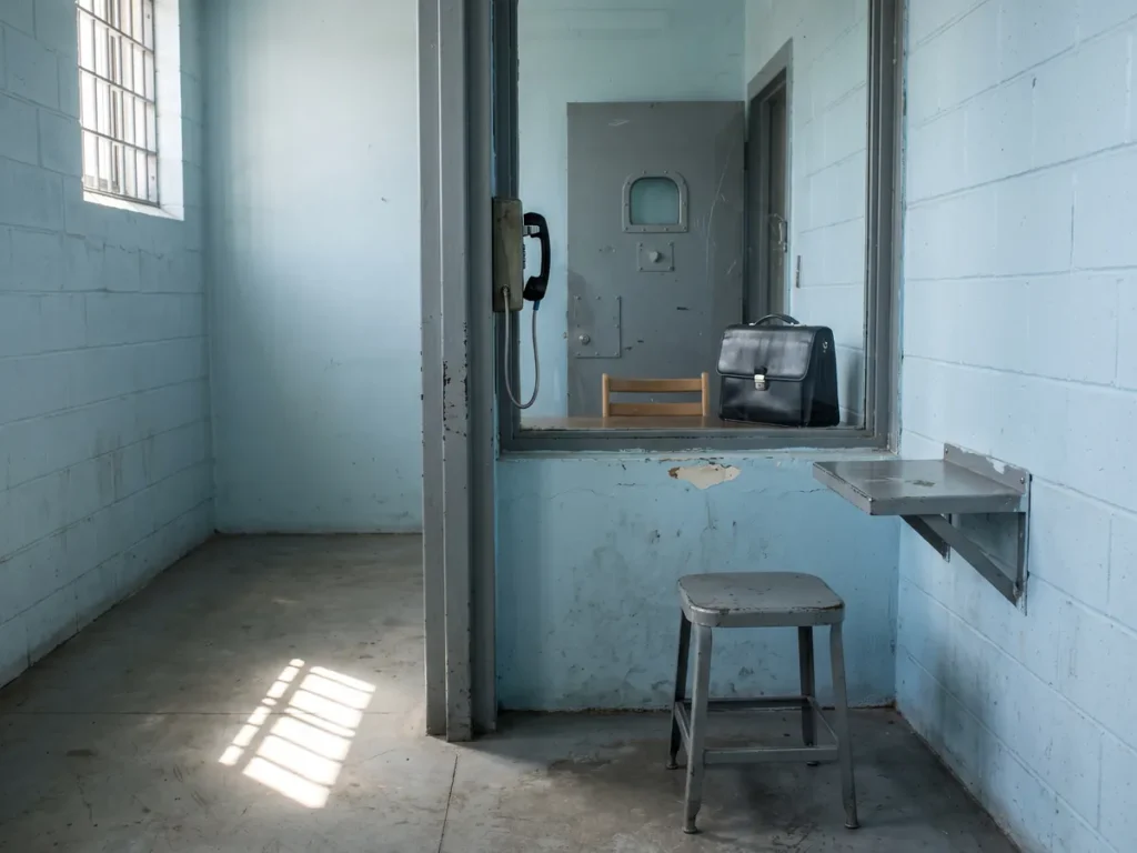 Cabină de consultații juridice dintr-un penitenciar, cu geam despărțitor, scaun metalic și servieta avocatului de partea cealaltă
