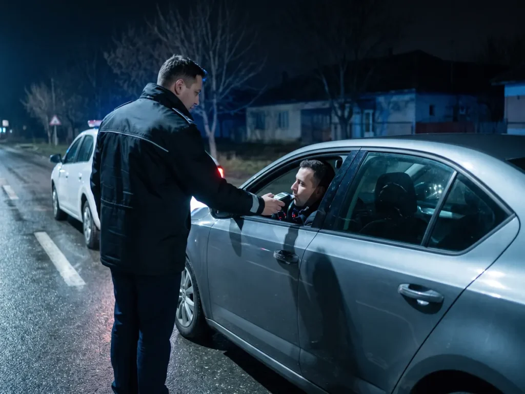 Polițist cu etilotest la geamul unei mașini oprite într-un control rutier de noapte