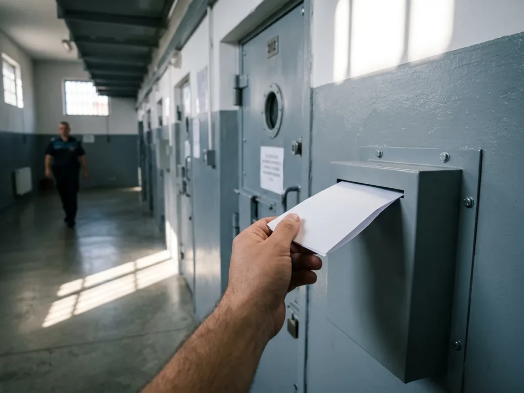 Mână care introduce o cerere în cutia de plângeri fixată pe ușa unei celule, pe coridorul unui penitenciar