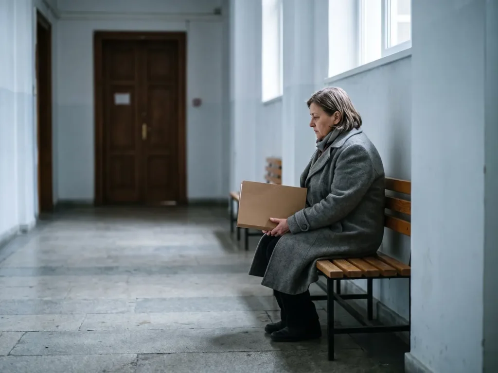 Femeie așteptând pe o bancă, pe holul unui tribunal, cu un dosar subțire în poală