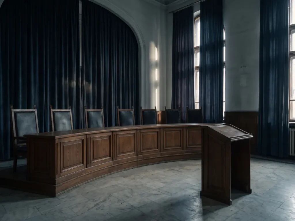 Sală de ședințe goală a unei instanțe, cu bancă lungă de lemn și șapte scaune neocupate