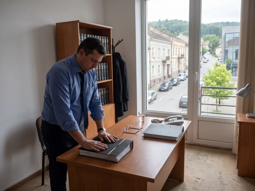 Un avocat în cămașă apasă cu amândouă mâinile coperta unui dosar gros pe care tocmai l-a închis, în biroul lui de la etaj.