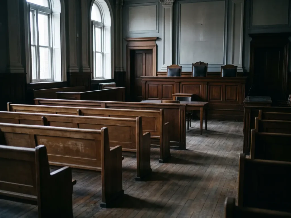 Sala de judecata goala, vazuta dinspre bancile publicului
