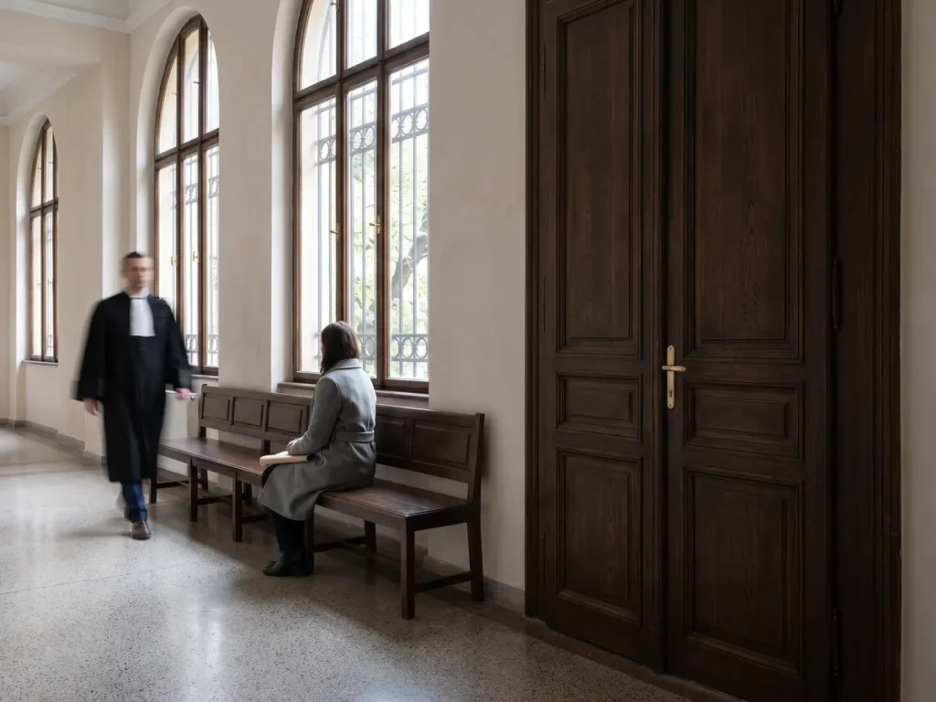 Femeie așteptând singură pe o bancă de lemn, pe holul unei judecătorii restaurate, în fața unei uși duble închise pe care tocmai o depășește un judecător în robă, imagine a procedurii de recuzare soluționată în camera de consiliu, fără public.