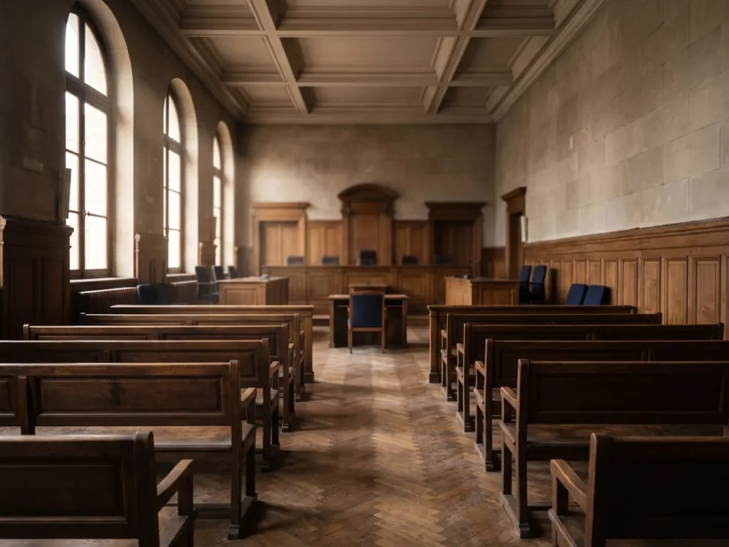 Sală de judecată goală, cu lambriuri de lemn și bănci pentru public, într-o clădire veche de tribunal