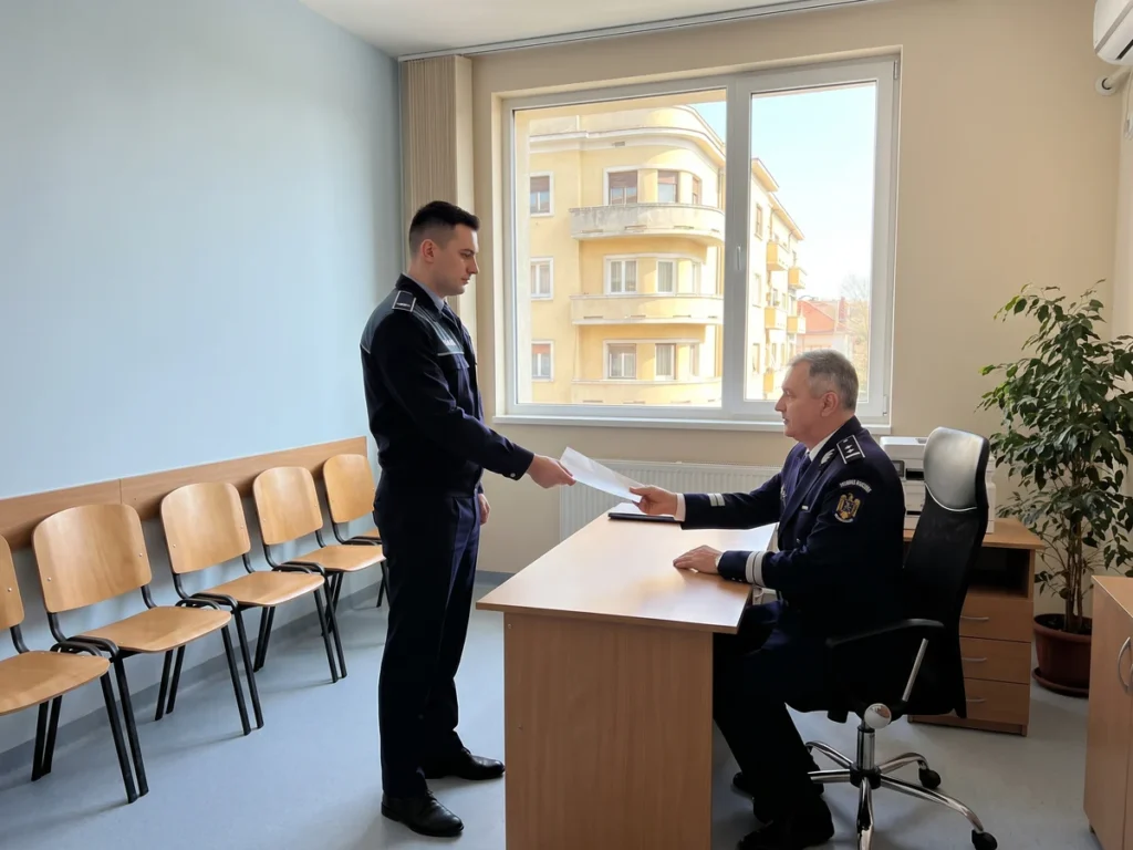 Polițist în uniformă primește o decizie tipărită de la un ofițer superior, într-un birou de poliție, lângă un rând de scaune goale