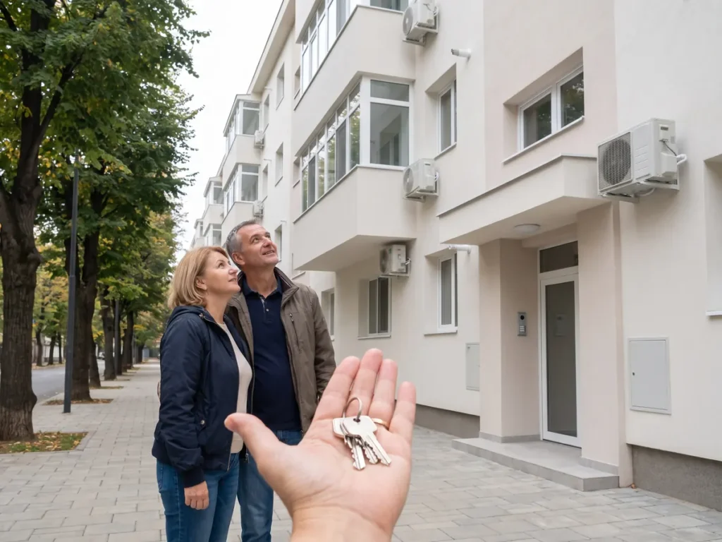 Un cuplu in fata unui bloc de locuinte, femeia tine cheile in palma, imagine care ilustreaza darea in plata a locuintei pentru stingerea creditului