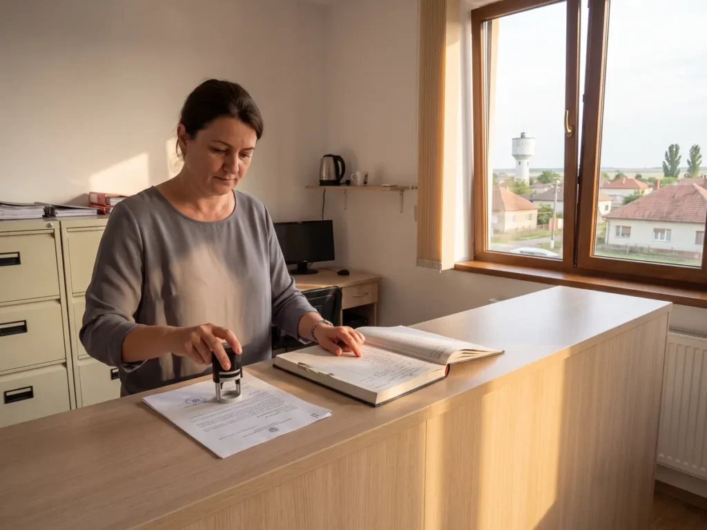 O grefieră aplică ștampila pe coperta unui dosar, la ghișeul de registratură al unui parchet dintr-un oraș de câmpie.