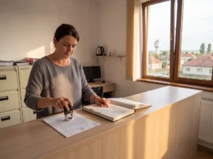 O grefieră aplică ștampila pe coperta unui dosar, la ghișeul de registratură al unui parchet dintr-un oraș de câmpie.
