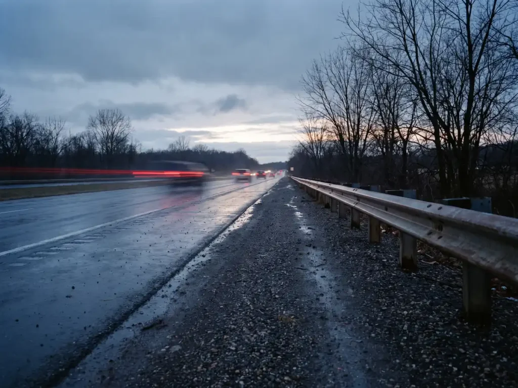 Sosea uda la amurg, cu luminile de stop ale masinilor in departare