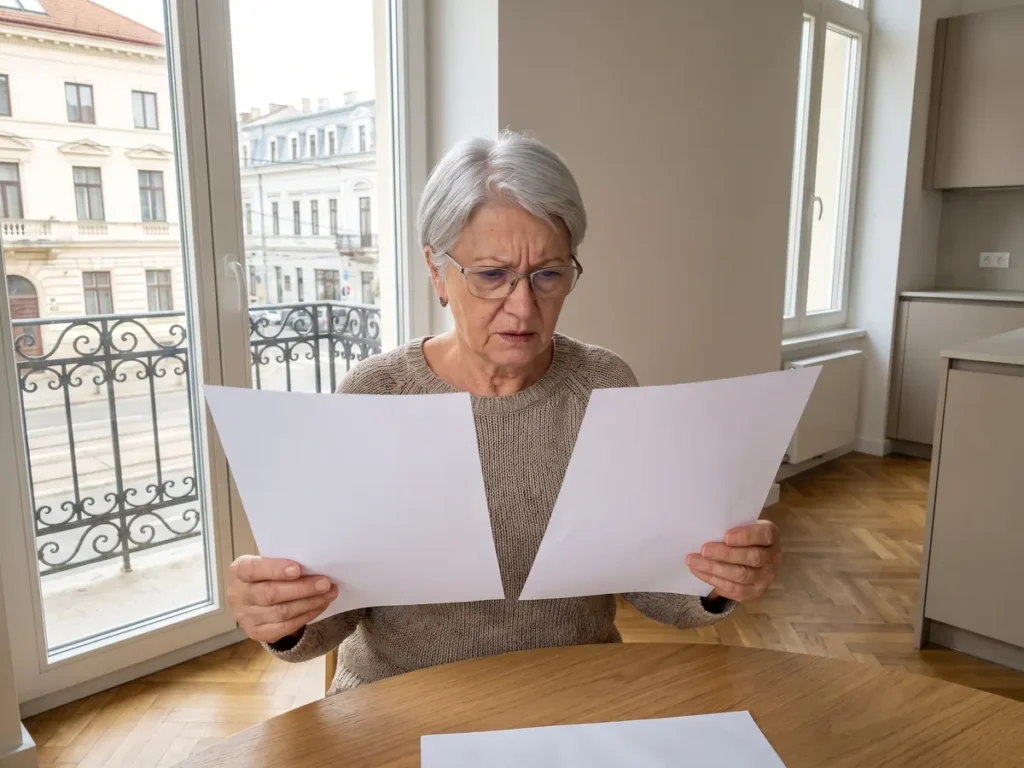 Pensionară la masa din bucătărie, comparând două decizii de pensie