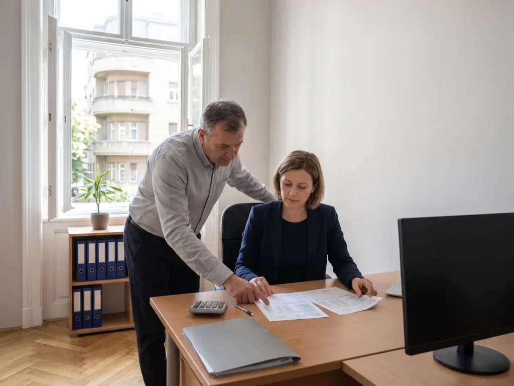 Doi funcționari publici verifică fluturași de salariu într-un birou de resurse umane dintr-o clădire interbelică restaurată