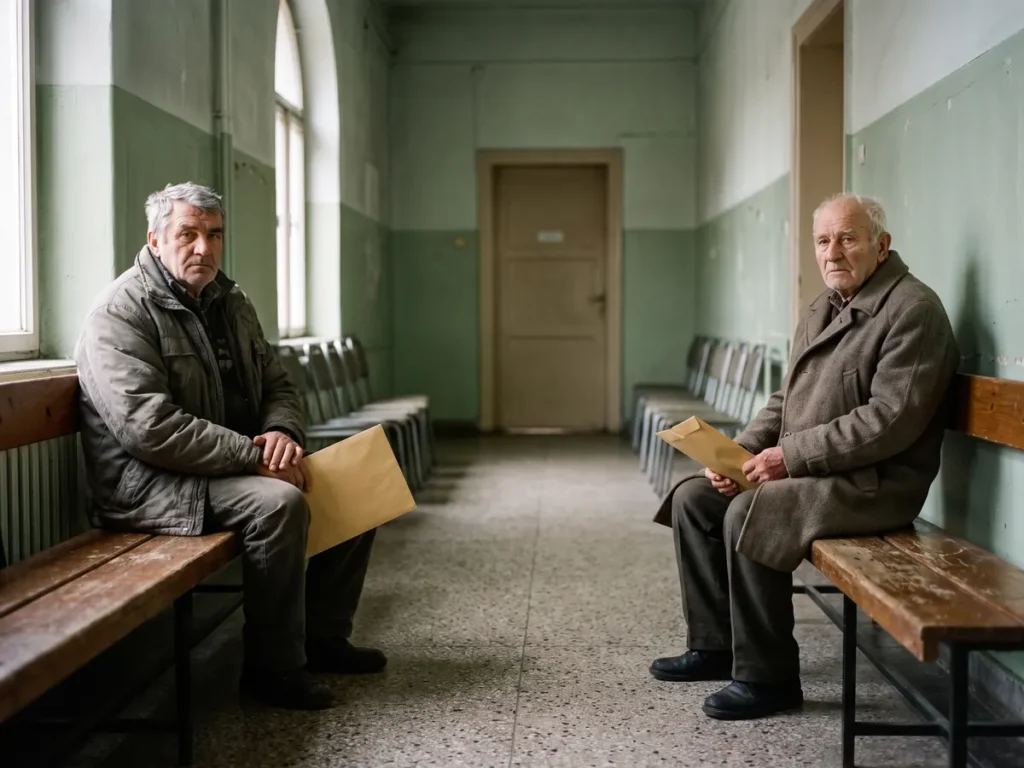 Doi pensionari de vârste diferite, așezați pe aceeași bancă în holul unei case de pensii, în așteptare