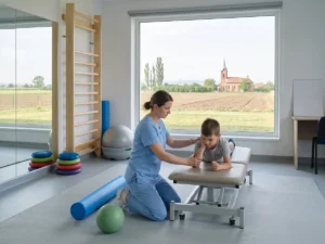 O kinetoterapeută sprijină brațul unui băiețel care se ridică în coate pe masa de lucru, în sala unui centru de zi.