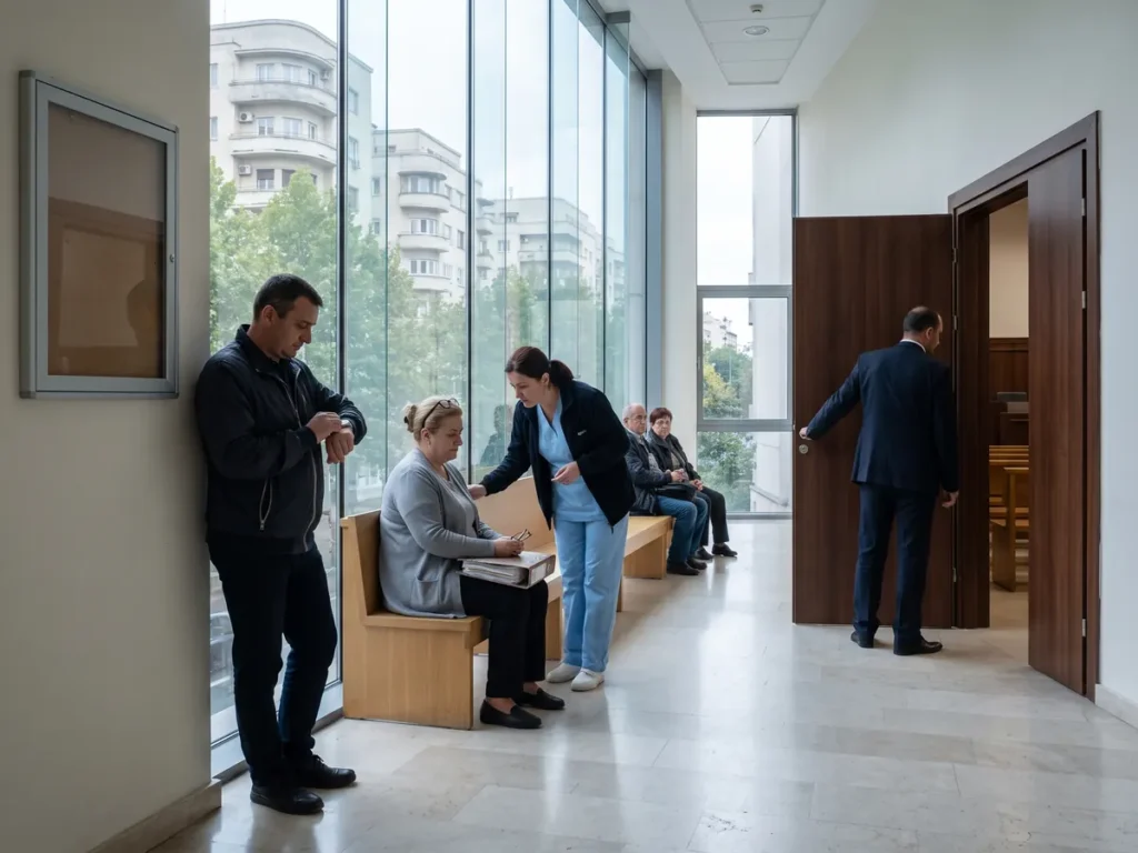 Câțiva oameni așteaptă pe o bancă în holul unui tribunal, în timp ce aprodul deschide ușa sălii de judecată.
