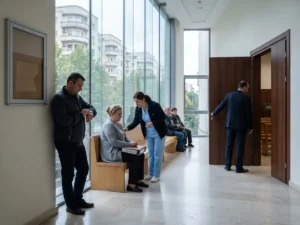 Câțiva oameni așteaptă pe o bancă în holul unui tribunal, în timp ce aprodul deschide ușa sălii de judecată.