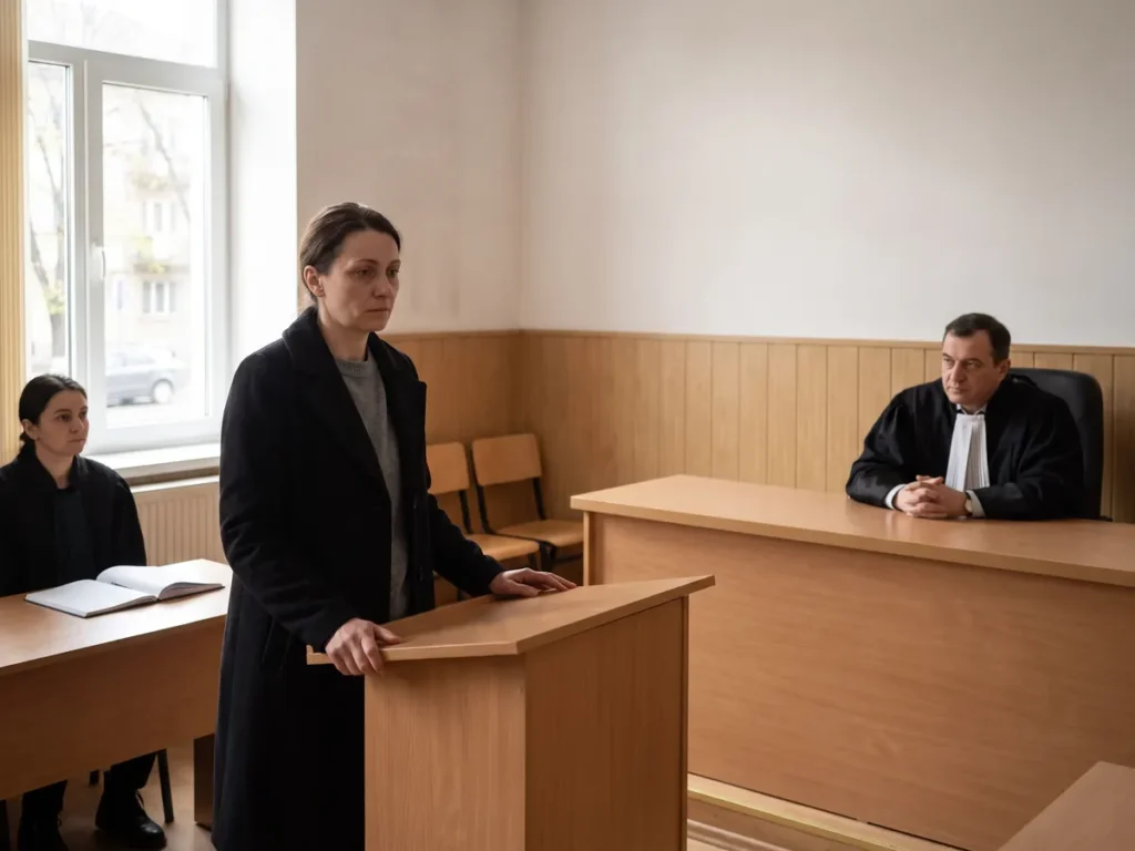 Femeie care vorbește judecătorului de la pupitrul unei săli de judecată dintr-o judecătorie din România, ilustrare pentru decizia Înaltei Curți privind renunțarea la judecarea cererii de ordin de protecție