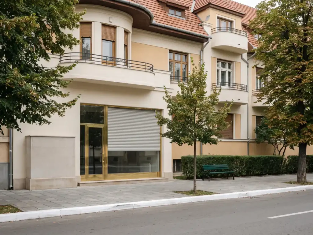 Intrarea închisă, cu obloane pe jumătate coborâte, a unui birou financiar la parterul unui bloc interbelic restaurat, pe o stradă liniștită cu tei, ilustrare pentru prelungirea cu o săptămână a măsurilor restrictive europene legate de Ucraina