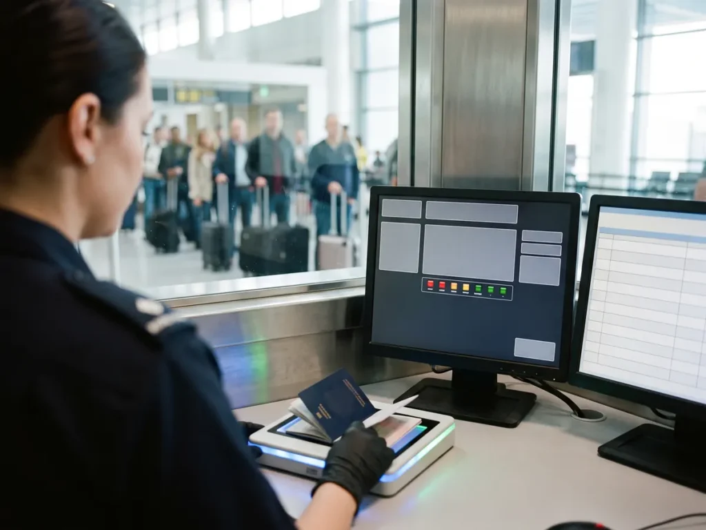 Ofițer de frontieră pune un pașaport pe cititorul de documente, cu ecranele de lucru în față și coada de călători dincolo de geam