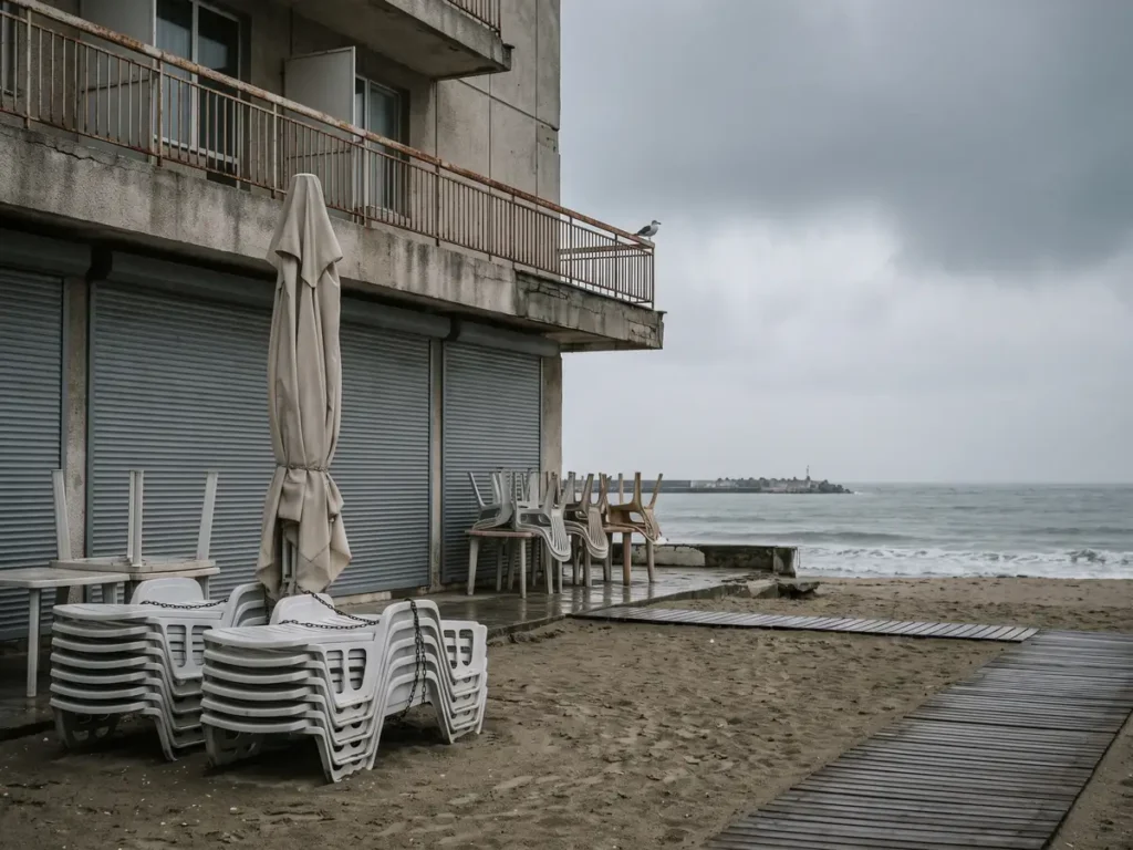 Hotel de pe litoral închis în extrasezon, cu terasa oblonită și șezlongurile stivuite