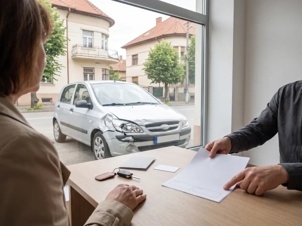 O clientă primește contractul de asigurare de la intermediarul ei, într-un birou mic de brokeraj, cu mașina avariată parcată în fața vitrinei