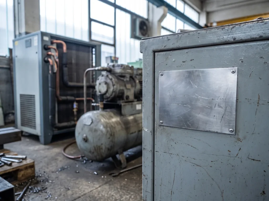 Plăcuța de identificare de pe carcasa unui uscător de aer comprimat prin refrigerare, în prim-plan, într-un atelier industrial