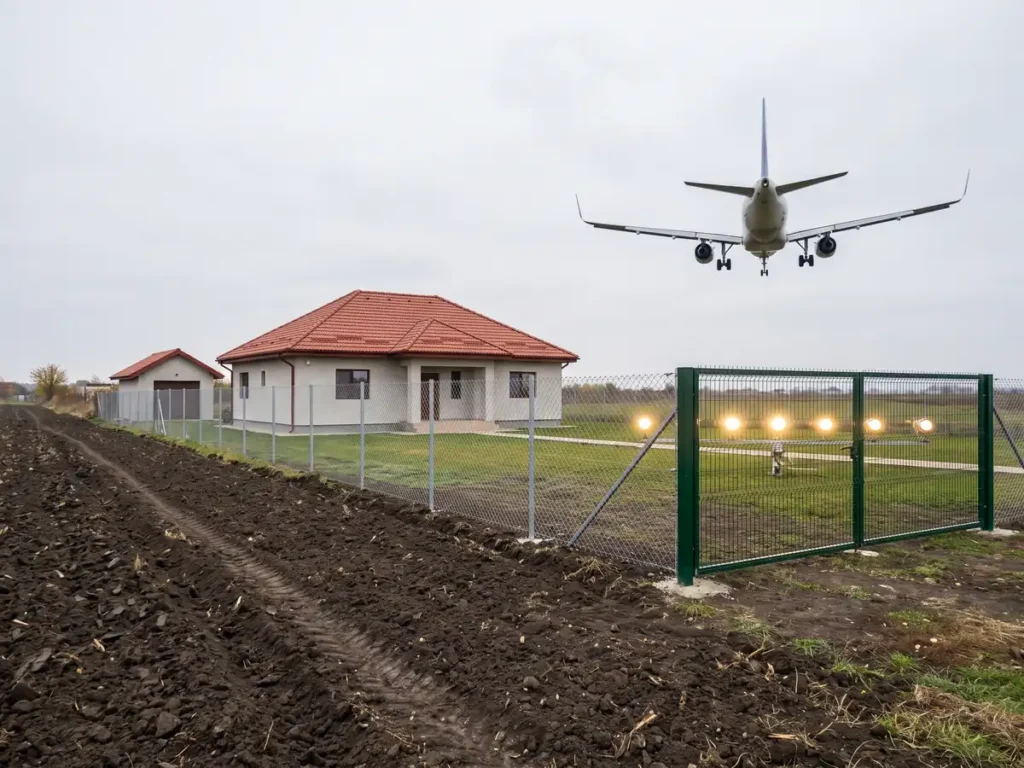 Gospodărie privată lipită de gardul Aeroportului Internațional Henri Coandă, cu un avion la aterizare deasupra