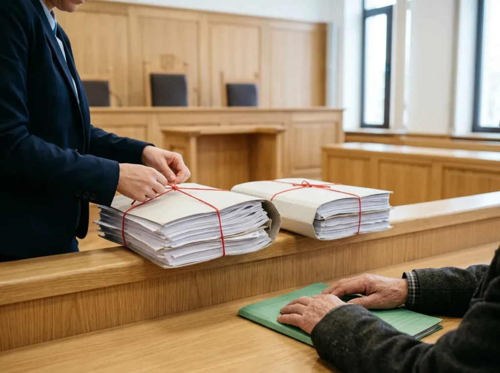 Grefier care leagă cu șnur roșu dosarul gros al unei cauze civile, într-o sală de judecată, în fața unei părți care așteaptă