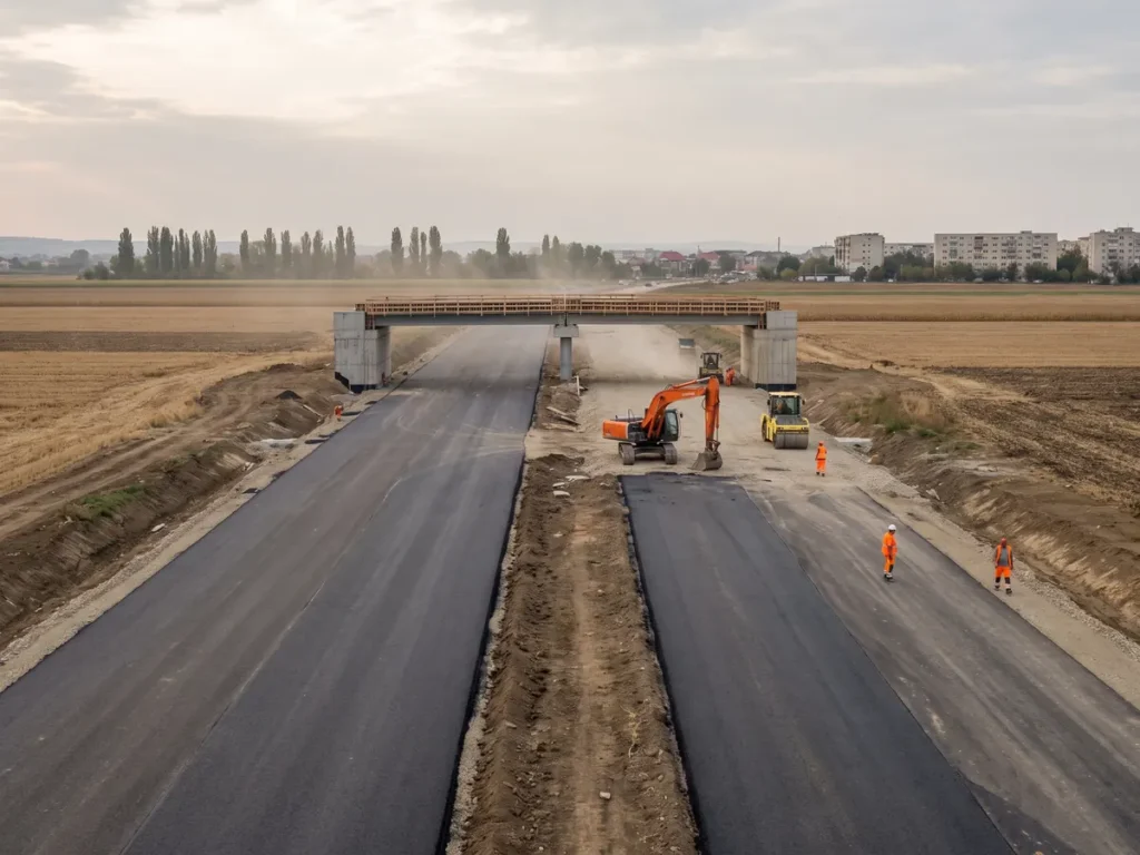 Drum cu patru benzi în construcție și un pasaj rutier peste carosabil, la marginea unui oraș din România