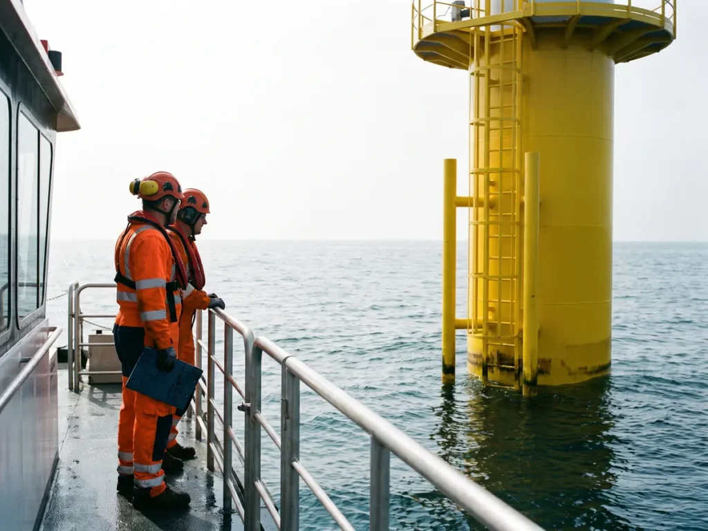 Tehnicieni pe puntea unei nave de transport, lângă baza galbenă a unei turbine eoliene offshore