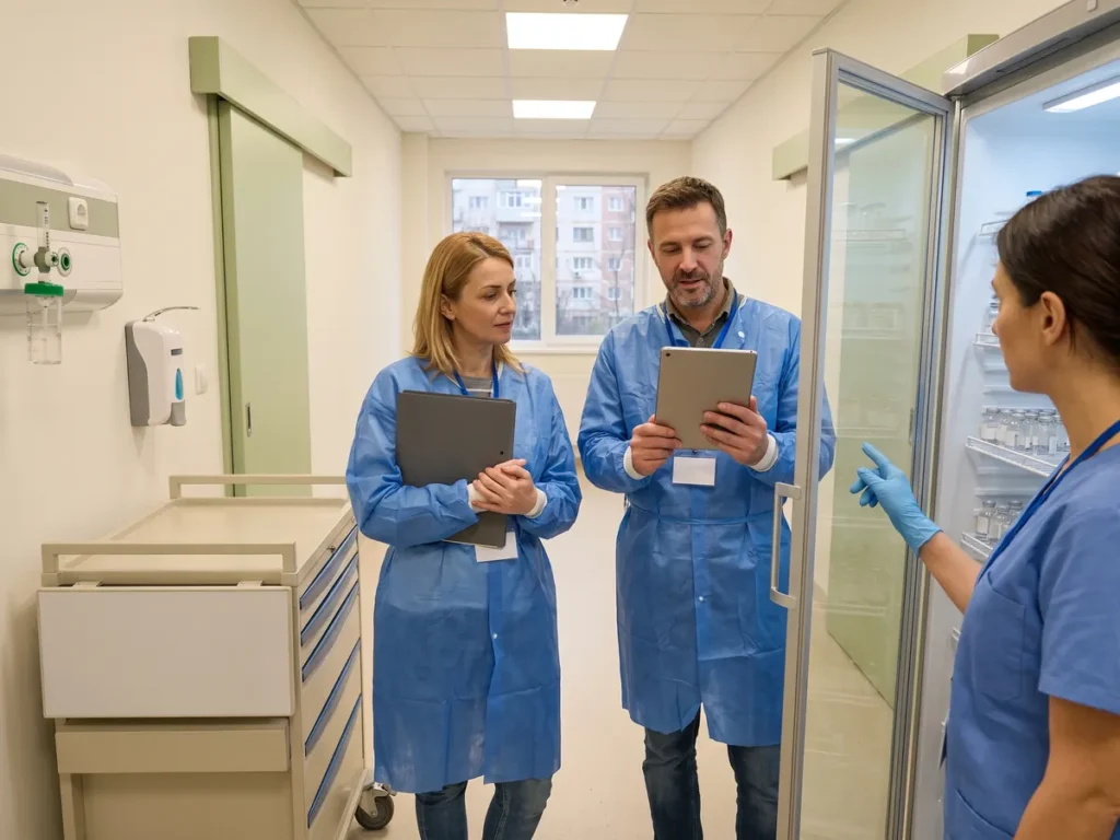 Doi evaluatori externi verifica depozitul de medicamente al unei sectii de spital, alaturi de o asistenta