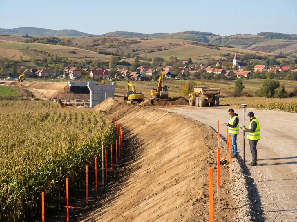 Topografi măsoară limita dintre un lan de porumb și platforma unei autostrăzi în construcție, marcată cu țăruși portocalii